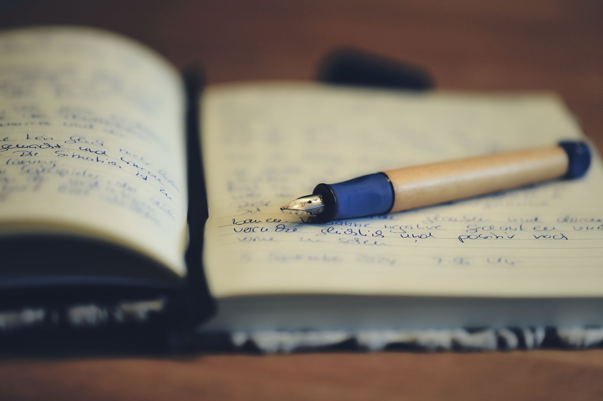 A fountain pen resting on the open pages of a handwritten notebook